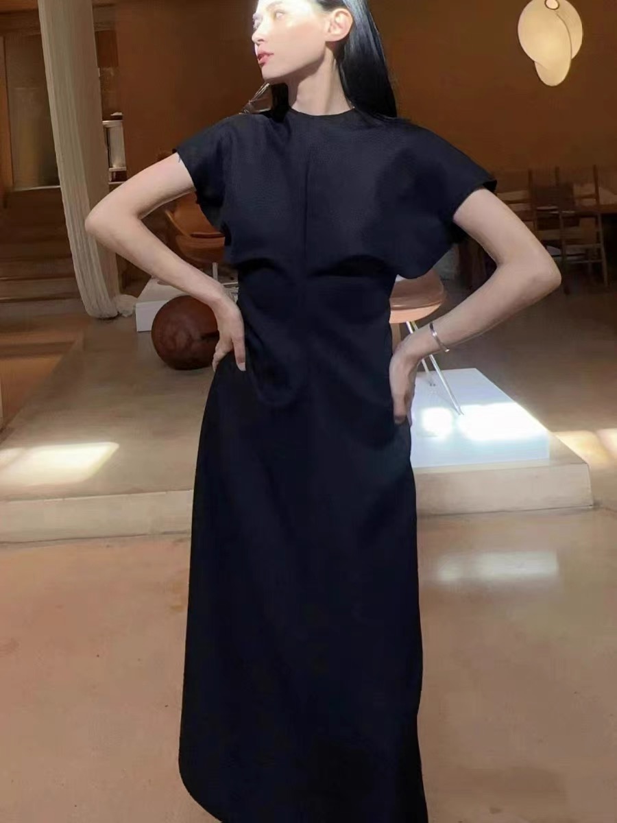 Women Summer Autumn tt Round Neck Short Sleeves Slouch Waist Midi Dress