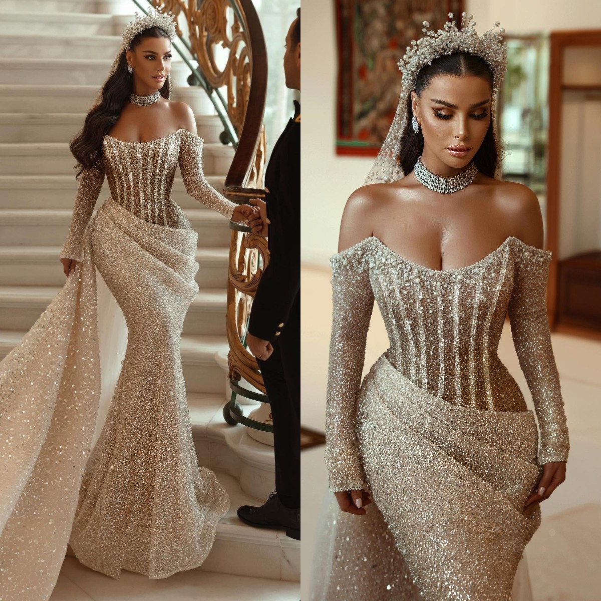 Off-shoulder Long Sleeve Mermaid Wedding Dress with Sequins and Bone Bodice