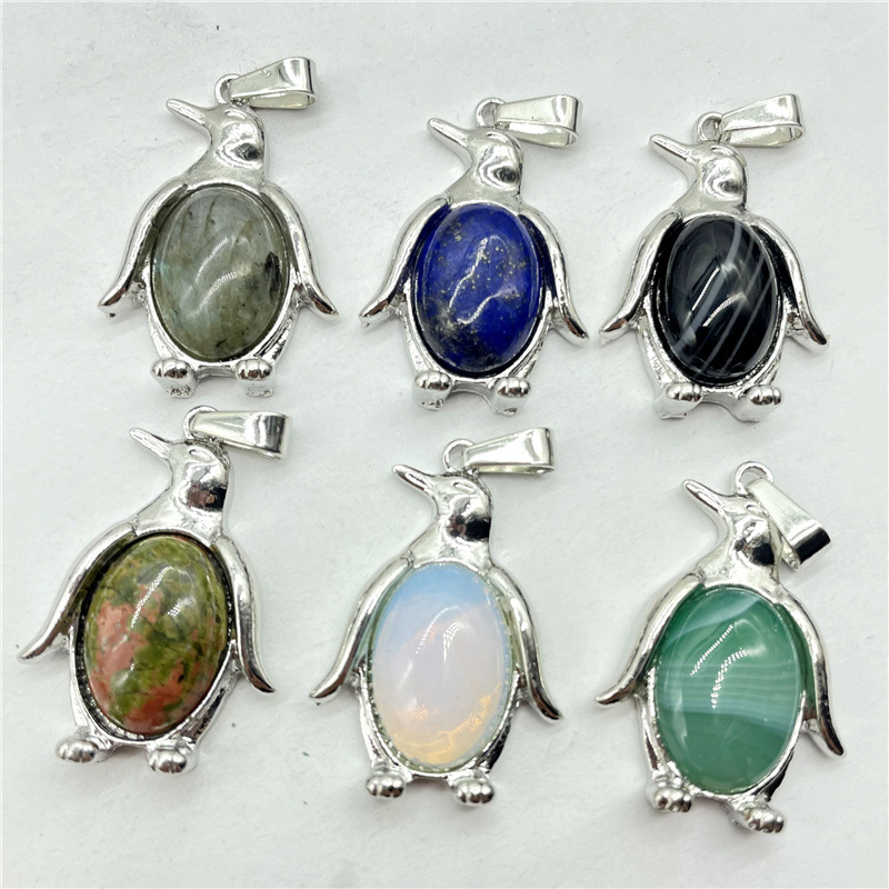 Natural Crystal Stone Penguin Pendant Lapis Amethyst Aventurine Rose Quartz Agate Charms Diy Necklaces Accessories