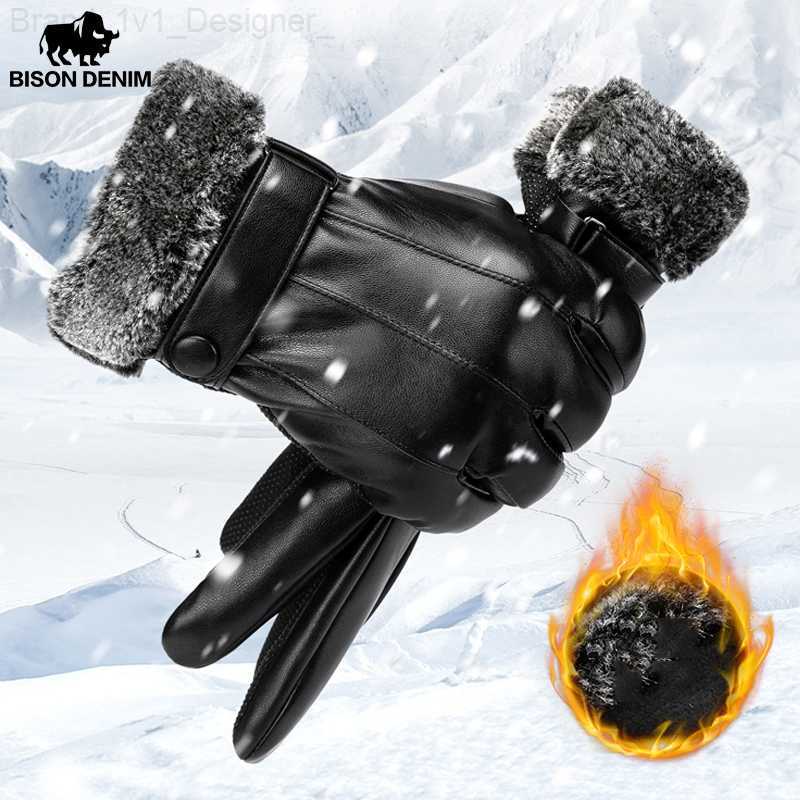Five Fingers Gloves BISON DENIM Men's Gloves Touch Screen Warm Thicken Winter PU Leather Outdoor Sport Windproof Fashion Winter Gloves for Men S0