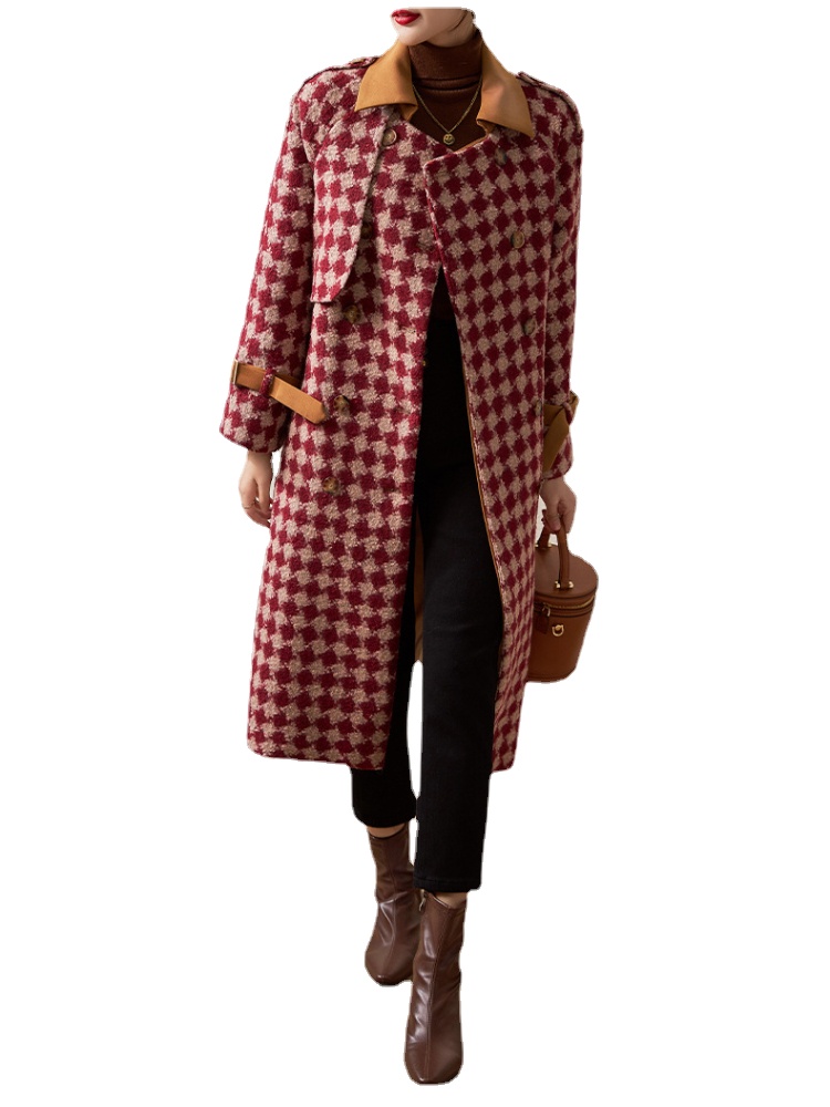 DE-41N358 Autumn and Winter Women's Coat Dress Classic Plaid Thickened Coat Vintage Woolen Fake Two Piece Set
