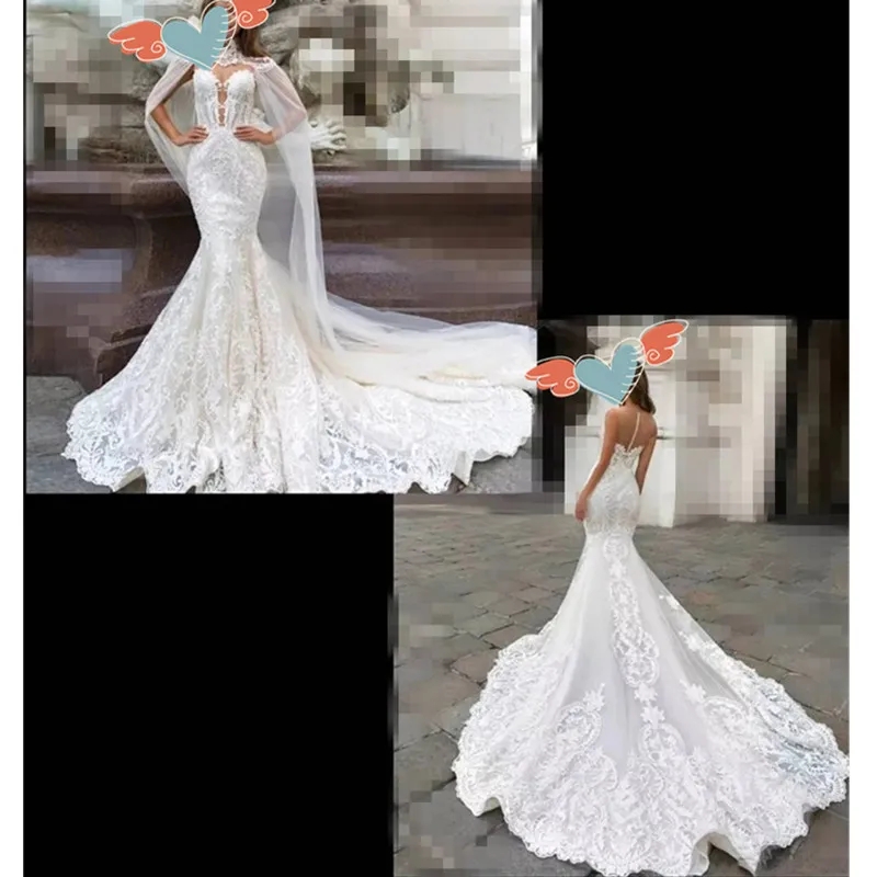 New Arrive Lace Mermaid Wedding Dresses With Tulle Shawl Slim Elegant Bridal Gowns Vestido Noiva Sereia Robe De Mariee