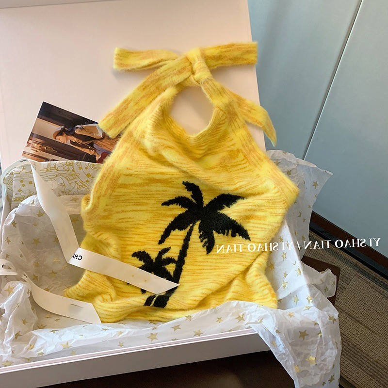 New design womens halter neck yellow color coconut tree print knitted sexy beach summer tanks camis vest SMLXL