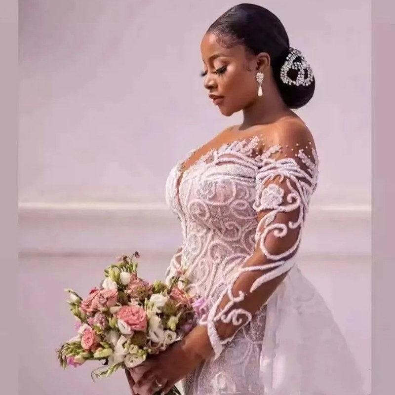 African Plus Size Lace Wedding Dresses 2024 Detachable Train Beaded Mermaid Bridal Gown Custom