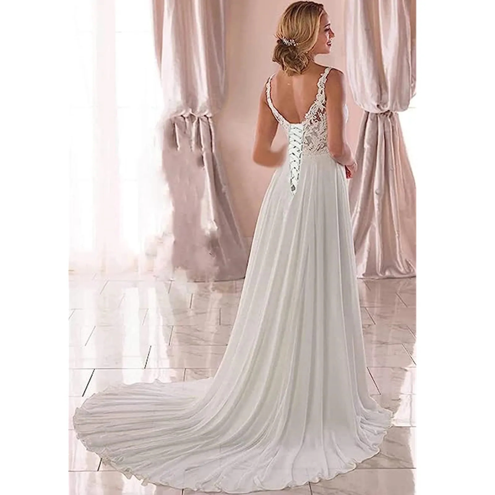 Beach Chiffon Wedding Dress Appliques Simple Dress A-Line Slit Side Vestido De Novia Playa Bridal Gown Lace Up Back Wedding