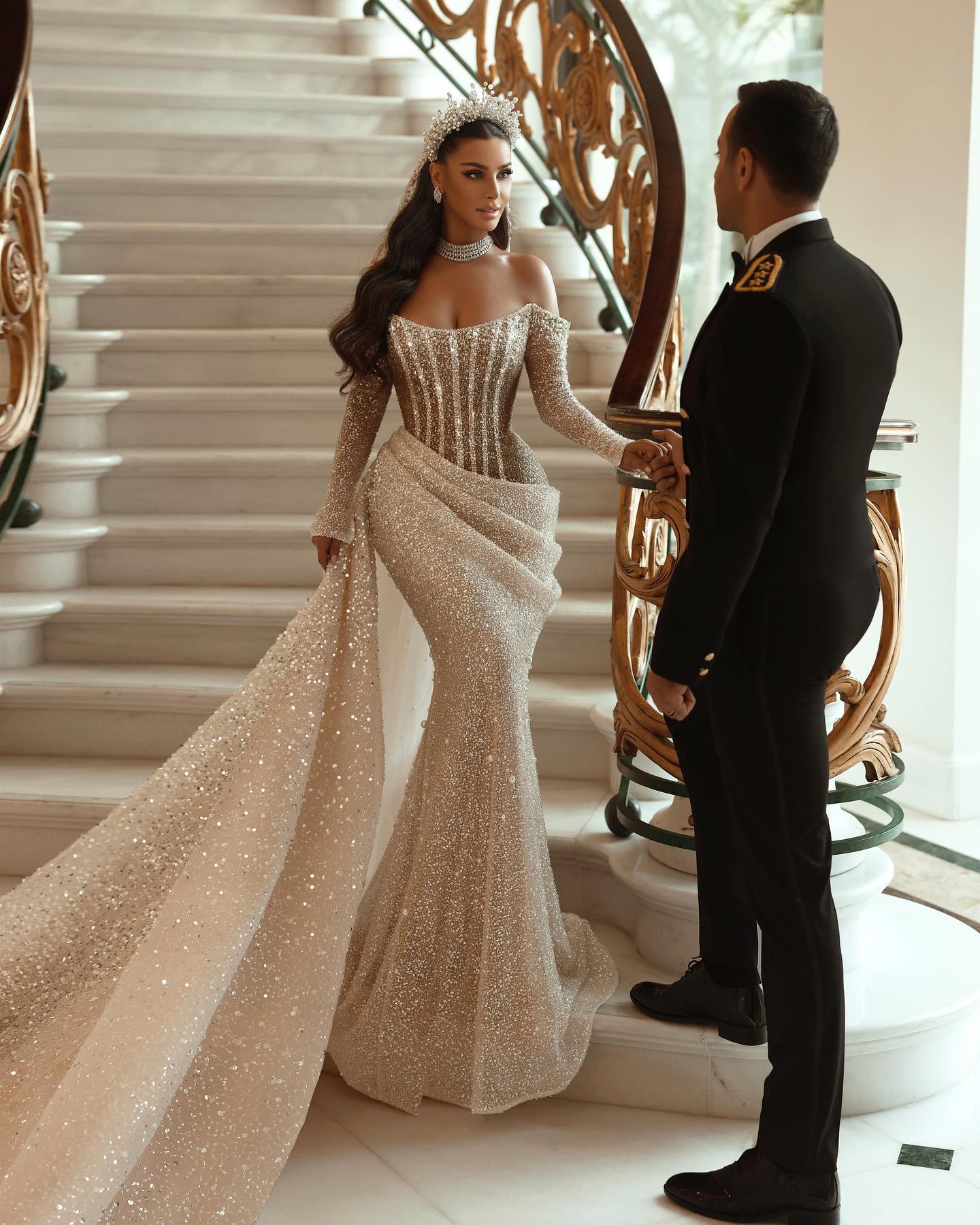 Off-shoulder Long Sleeve Mermaid Wedding Dress with Sequins and Bone Bodice