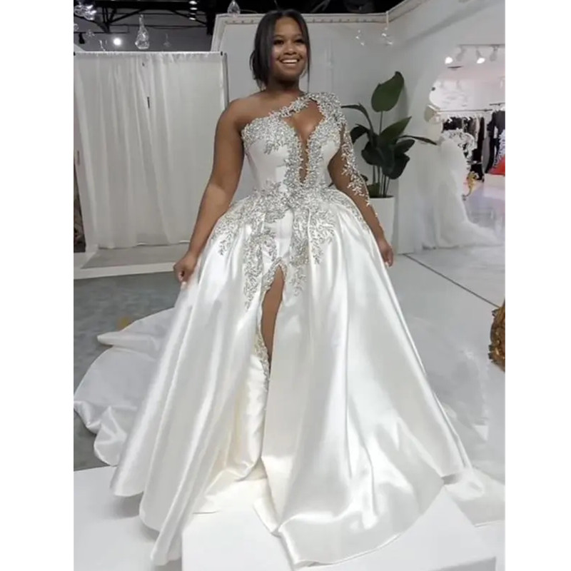 Size Plus Arabic Aso Ebi Luxurious Beaded Crystals Wedding Dress Lace Mermaid Satin Bridal Gowns Dresses Es