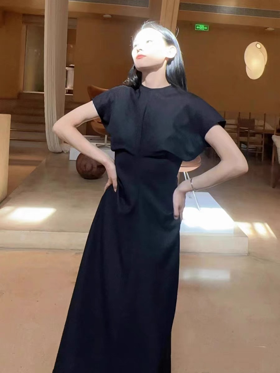 Women Summer Autumn tt Round Neck Short Sleeves Slouch Waist Midi Dress