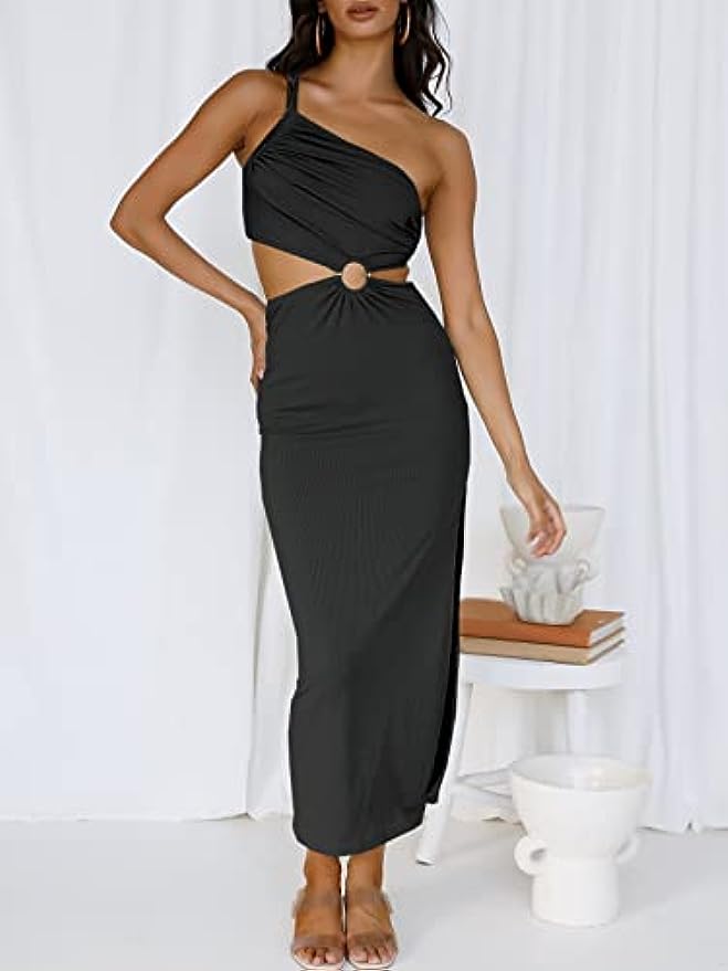 Women Bridesmaid Summer Bodycon Maxi One Shoulder Sleeveless Sexy Cut Out Formal Party Dress