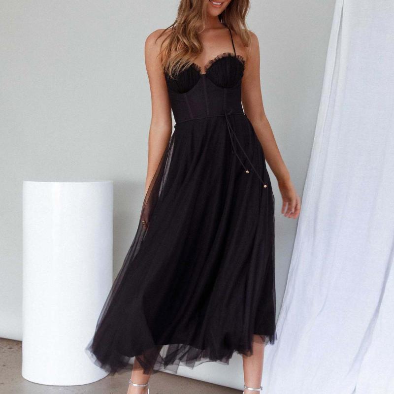 Casual Dresses Ladies Sling Dress Summer Mesh Women Cocktail Party Sleeveless Backless Solid Color Fashion Lace Up Female Vestidos