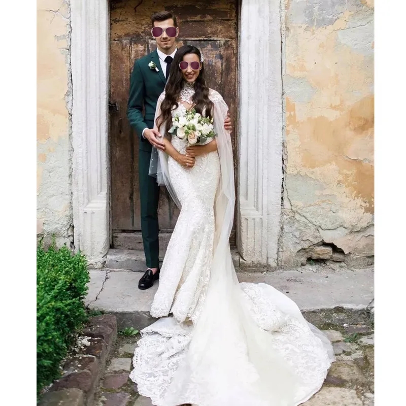 New Arrive Lace Mermaid Wedding Dresses With Tulle Shawl Slim Elegant Bridal Gowns Vestido Noiva Sereia Robe De Mariee