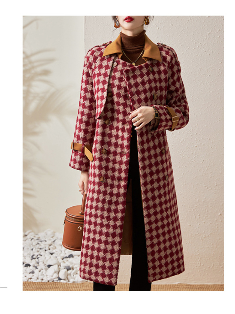DE-41N358 Autumn and Winter Women's Coat Dress Classic Plaid Thickened Coat Vintage Woolen Fake Two Piece Set