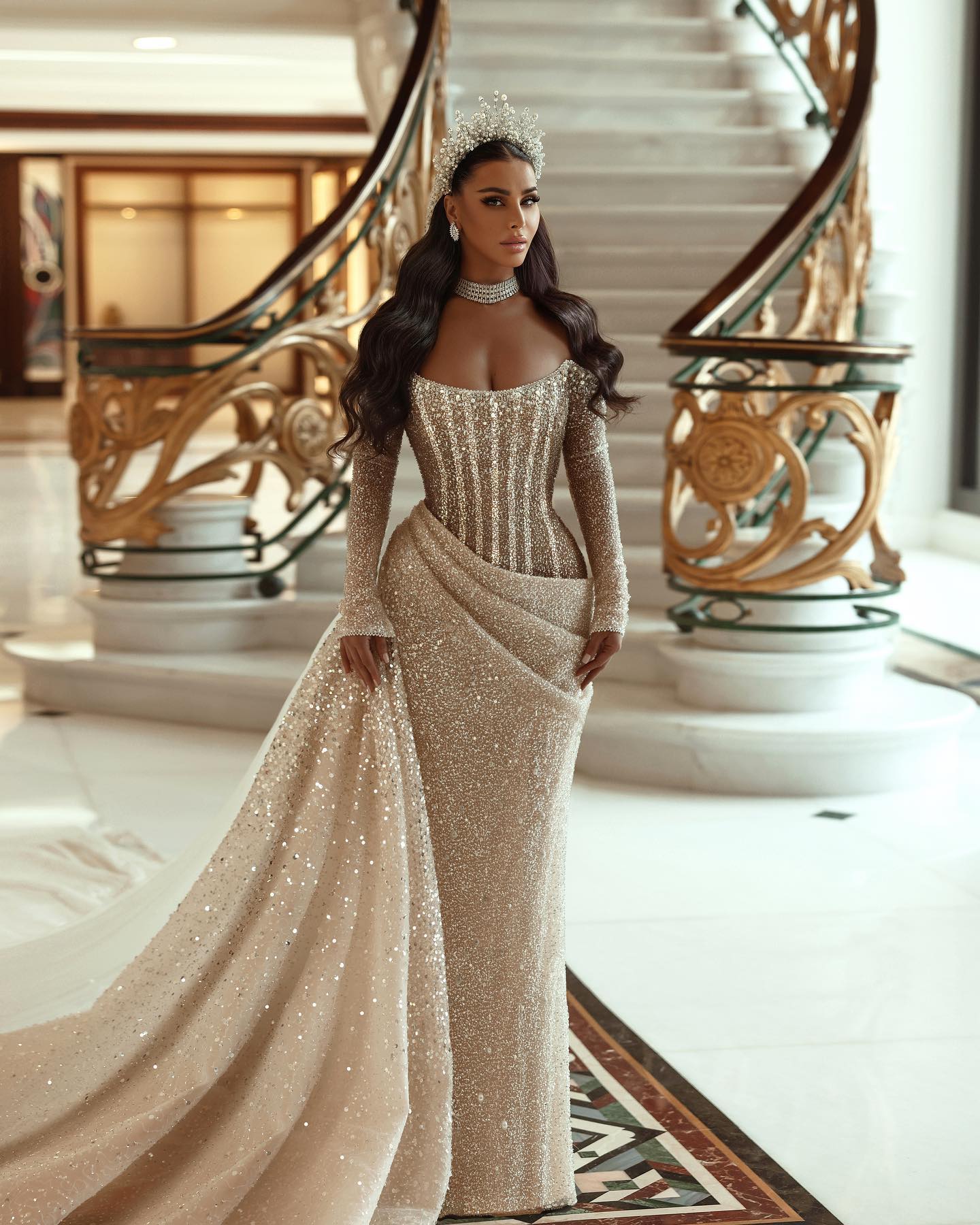 Off-shoulder Long Sleeve Mermaid Wedding Dress with Sequins and Bone Bodice