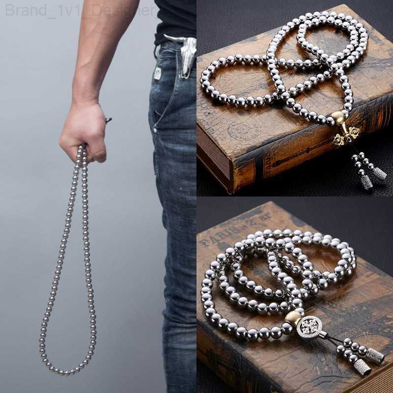 Strands Strings Tactical 10MM Steel Chain Buddha Beads Self Defense Hand Bracelet Necklace EDC Outdoor Tools Self Protection Survival L230806