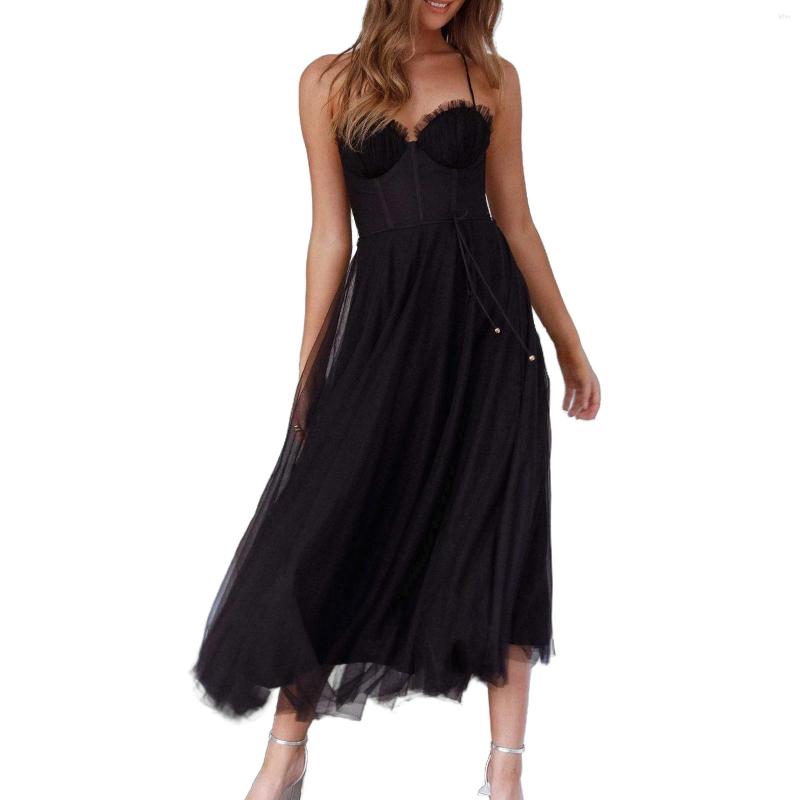 Casual Dresses Ladies Sling Dress Summer Mesh Women Cocktail Party Sleeveless Backless Solid Color Fashion Lace Up Female Vestidos