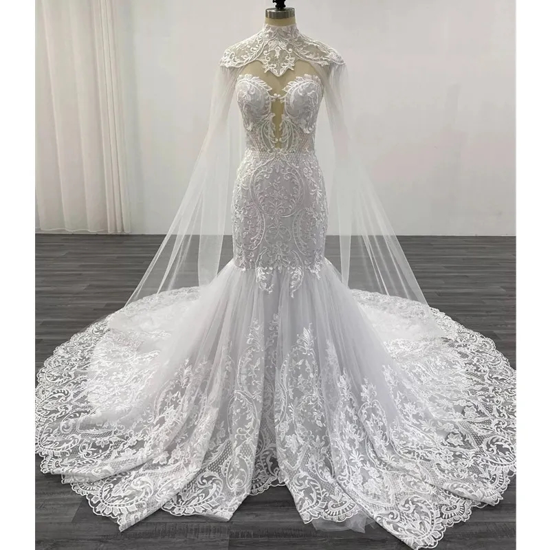 New Arrive Lace Mermaid Wedding Dresses With Tulle Shawl Slim Elegant Bridal Gowns Vestido Noiva Sereia Robe De Mariee