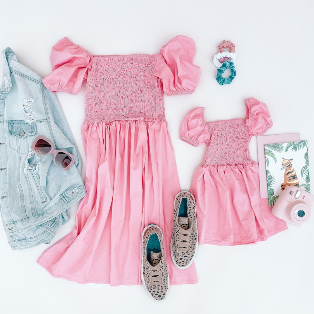 Family Matching Outfits Summer Mom and daughter family look Pink Bubble Short Sleeve Dress Mommy and me clothes Casual matching family outfits 230804