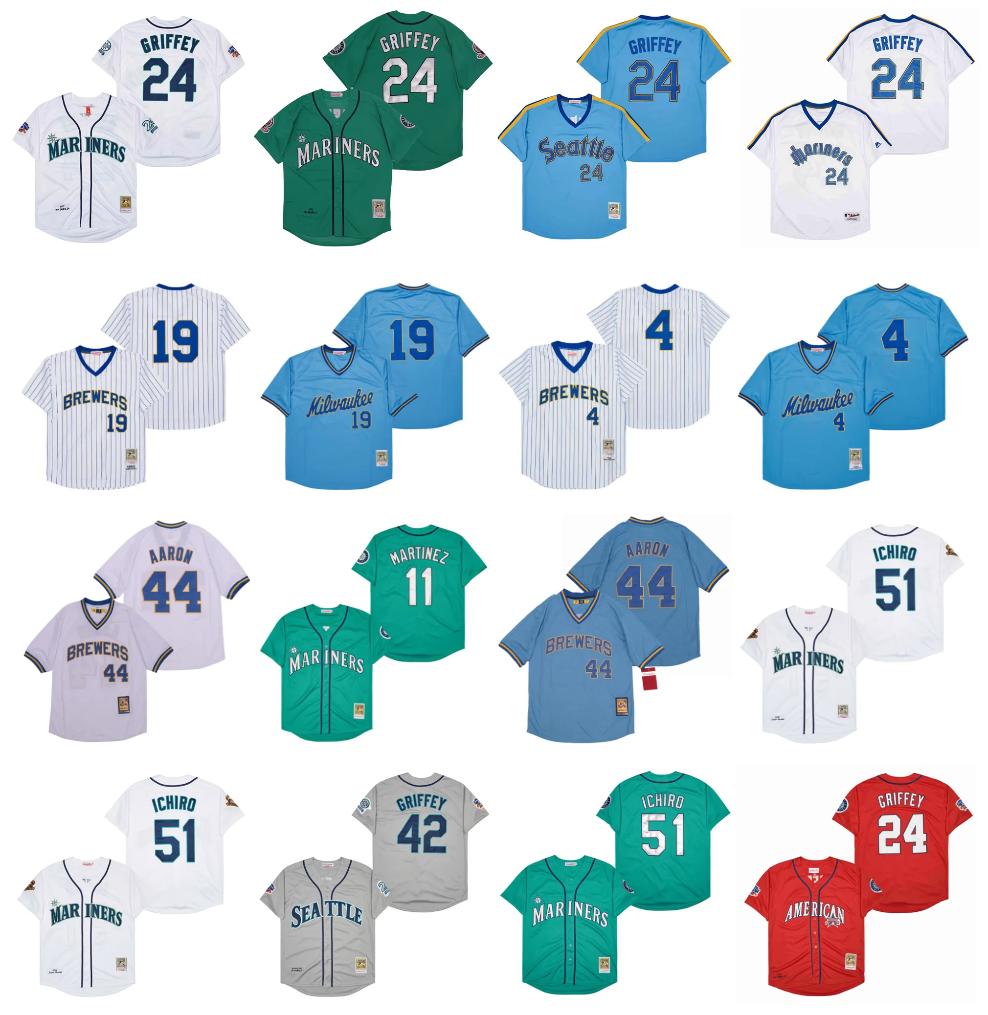 Seattle''Mariners''Mitchell and Ness Throwback Baseball Jersey Mariners Ken Griffey Jr. Martinez Seattle Edgar Ichiro Suzuki Brewers Robin Yount