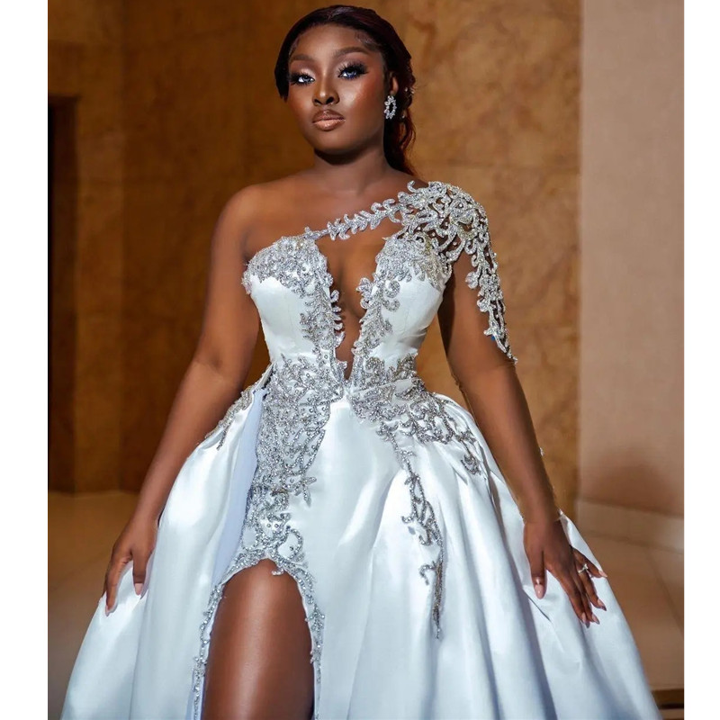 Size Plus Arabic Aso Ebi Luxurious Beaded Crystals Wedding Dress Lace Mermaid Satin Bridal Gowns Dresses Es