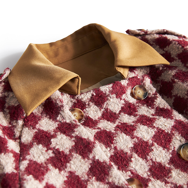 DE-41N358 Autumn and Winter Women's Coat Dress Classic Plaid Thickened Coat Vintage Woolen Fake Two Piece Set