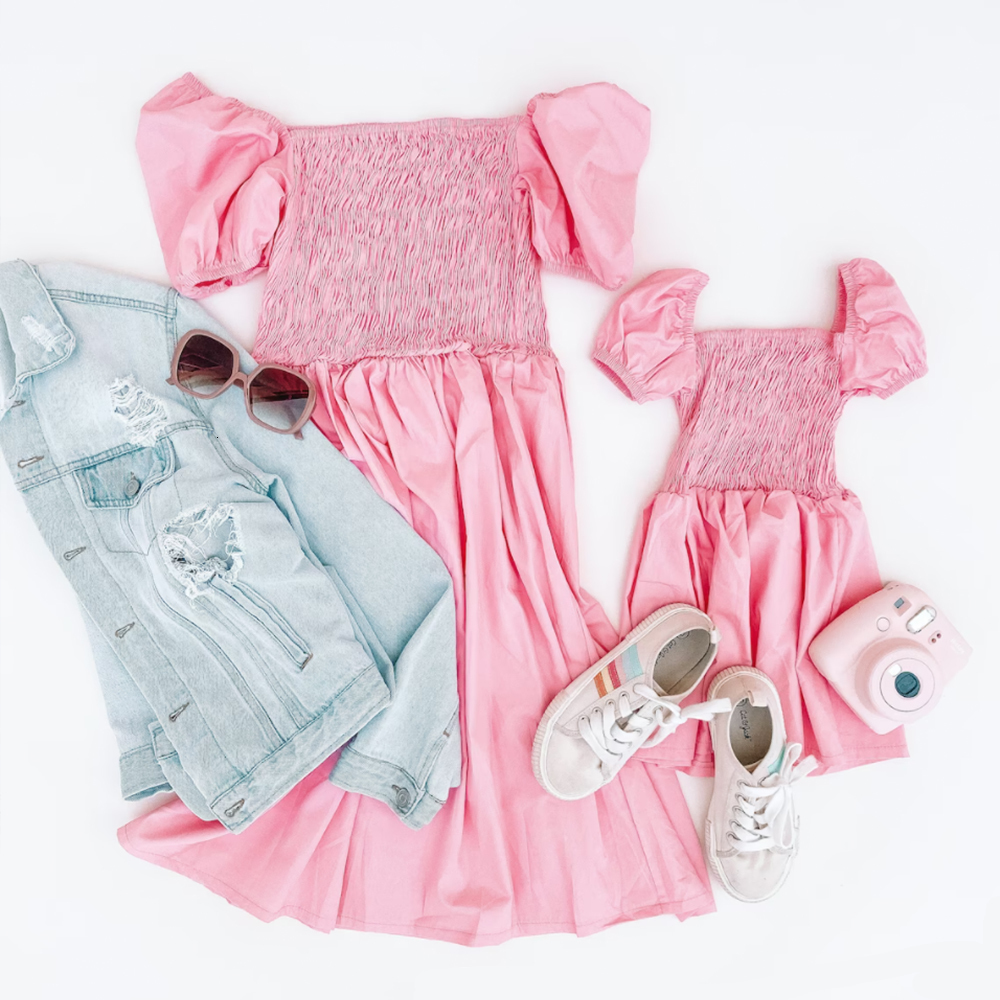 Family Matching Outfits Summer Mom and daughter family look Pink Bubble Short Sleeve Dress Mommy and me clothes Casual matching family outfits 230804