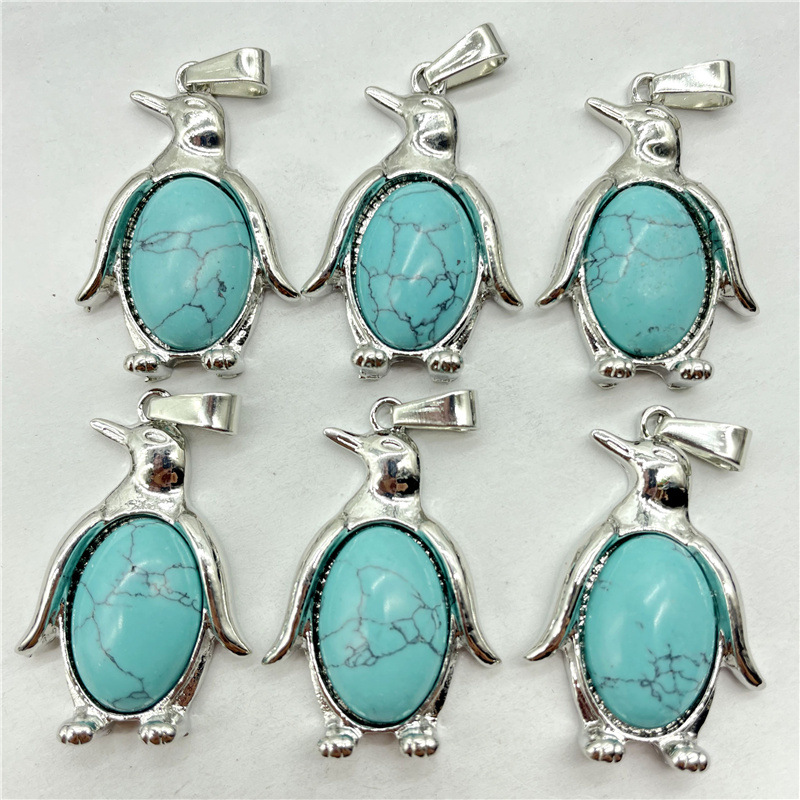 Natural Crystal Stone Penguin Pendant Lapis Amethyst Aventurine Rose Quartz Agate Charms Diy Necklaces Accessories