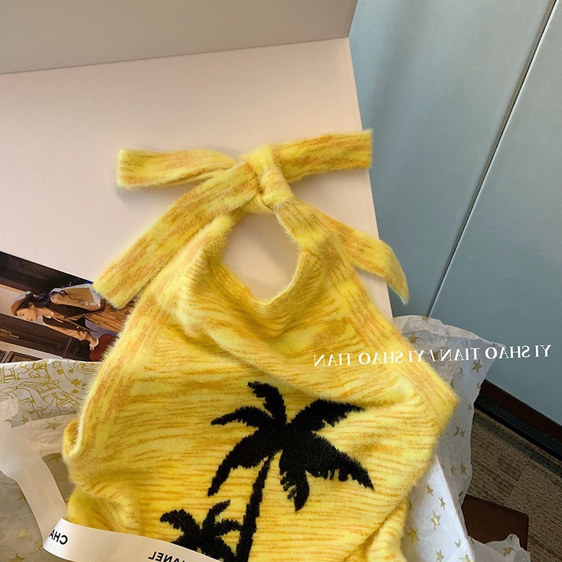 New design womens halter neck yellow color coconut tree print knitted sexy beach summer tanks camis vest SMLXL