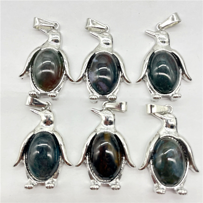 Natural Crystal Stone Penguin Pendant Lapis Amethyst Aventurine Rose Quartz Agate Charms Diy Necklaces Accessories