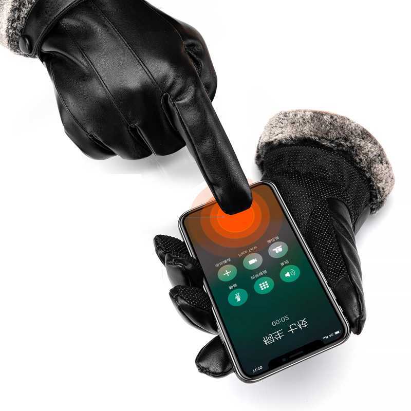 Five Fingers Gloves BISON DENIM Men's Gloves Touch Screen Warm Thicken Winter PU Leather Outdoor Sport Windproof Fashion Winter Gloves for Men S0
