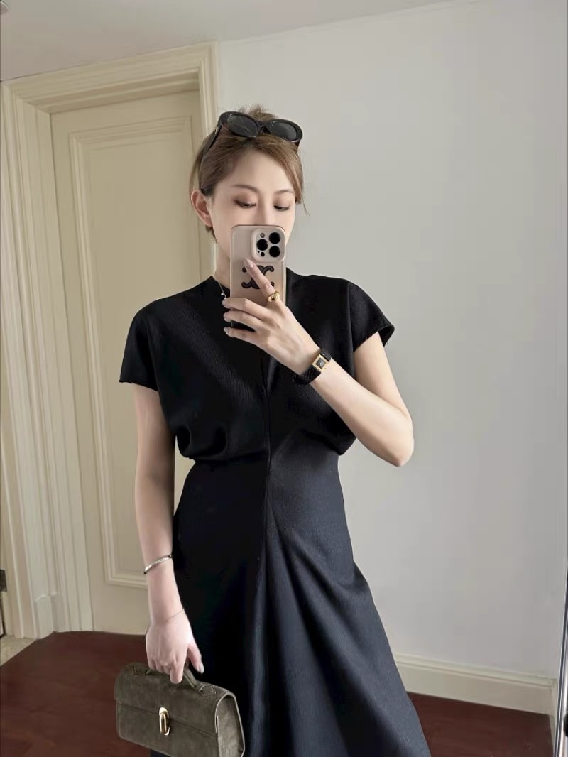 Women Summer Autumn tt Round Neck Short Sleeves Slouch Waist Midi Dress