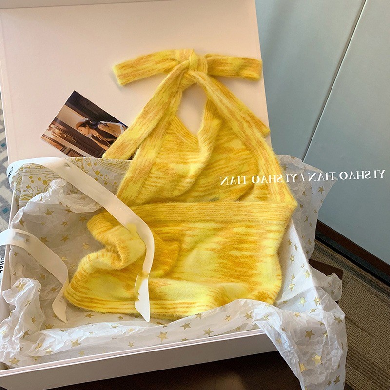 New design womens halter neck yellow color coconut tree print knitted sexy beach summer tanks camis vest SMLXL