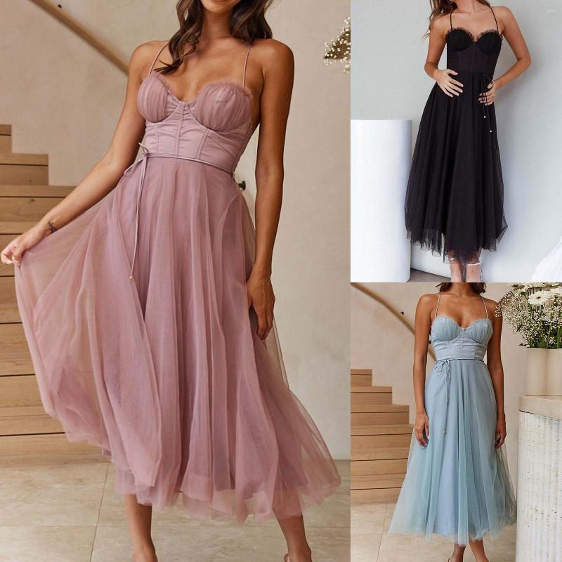 Casual Dresses Ladies Sling Dress Summer Mesh Women Cocktail Party Sleeveless Backless Solid Color Fashion Lace Up Female Vestidos