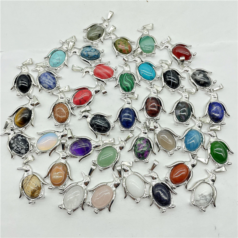 Natural Crystal Stone Penguin Pendant Lapis Amethyst Aventurine Rose Quartz Agate Charms Diy Necklaces Accessories