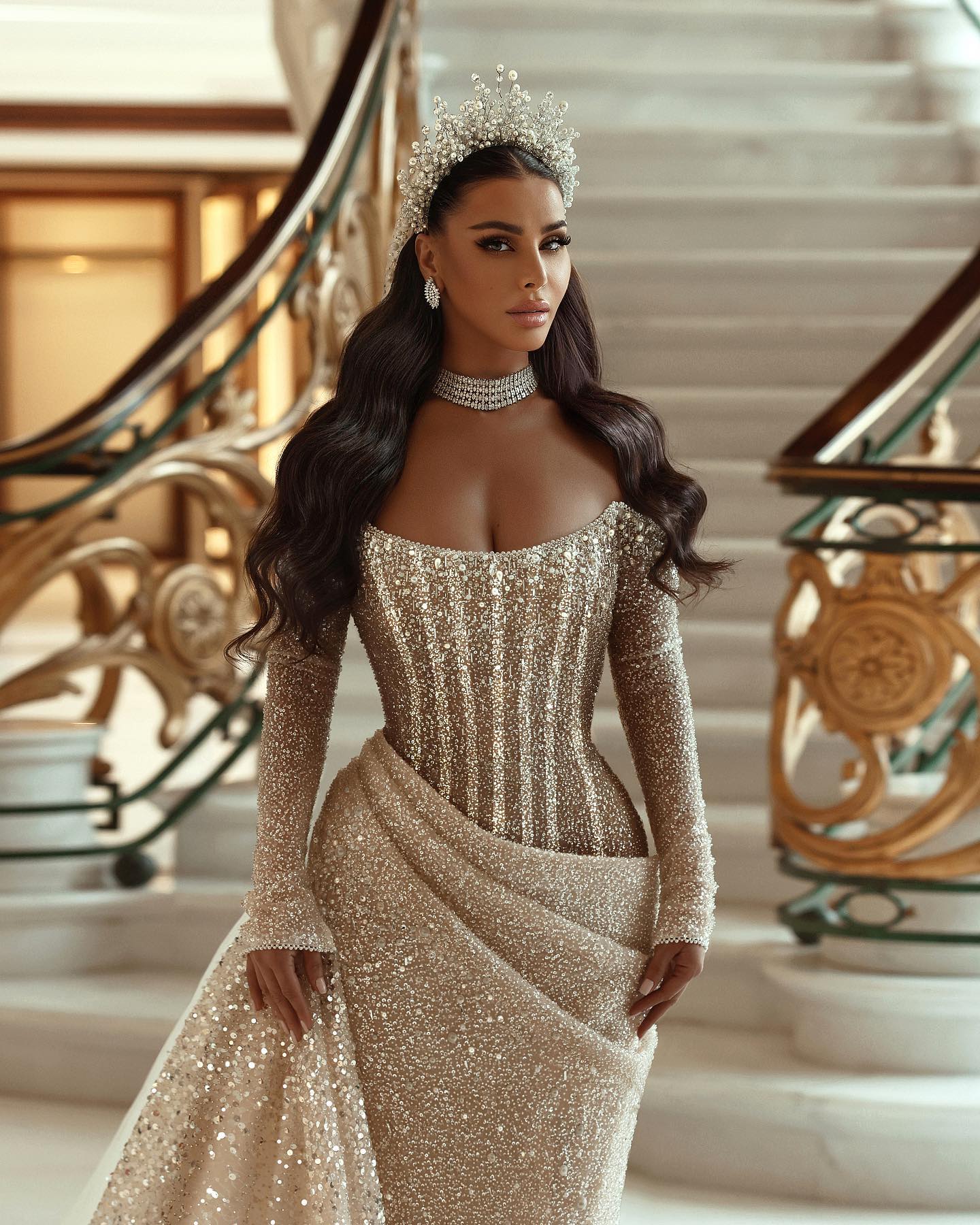 Off-shoulder Long Sleeve Mermaid Wedding Dress with Sequins and Bone Bodice