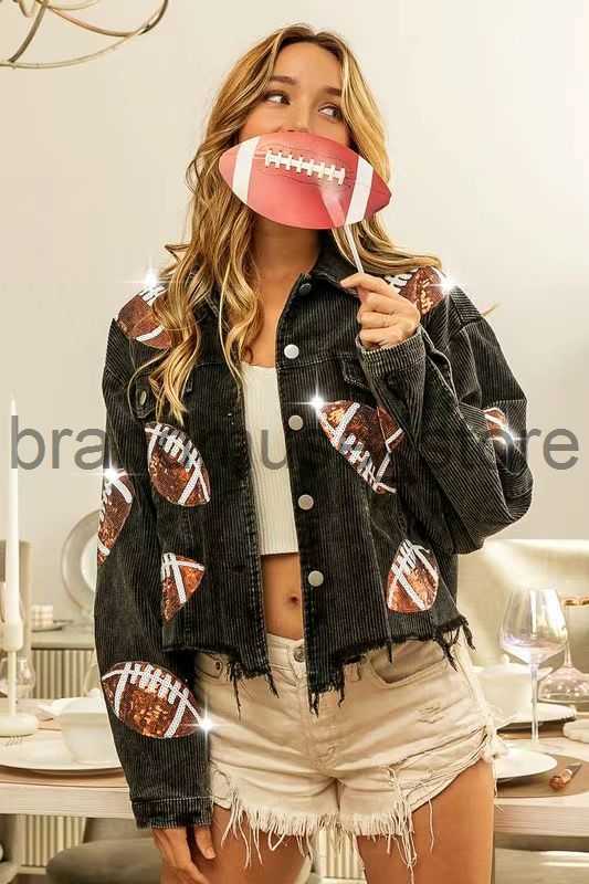 Women's Jackets New Sports Casual Corduroy Jacket Woman Retro Turn-down Collar Splicing Football Sequins Spring Autumn Tassel Jacket for Women J2