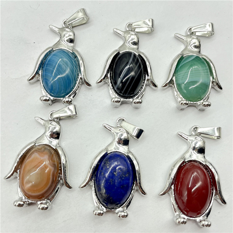 Natural Crystal Stone Penguin Pendant Lapis Amethyst Aventurine Rose Quartz Agate Charms Diy Necklaces Accessories