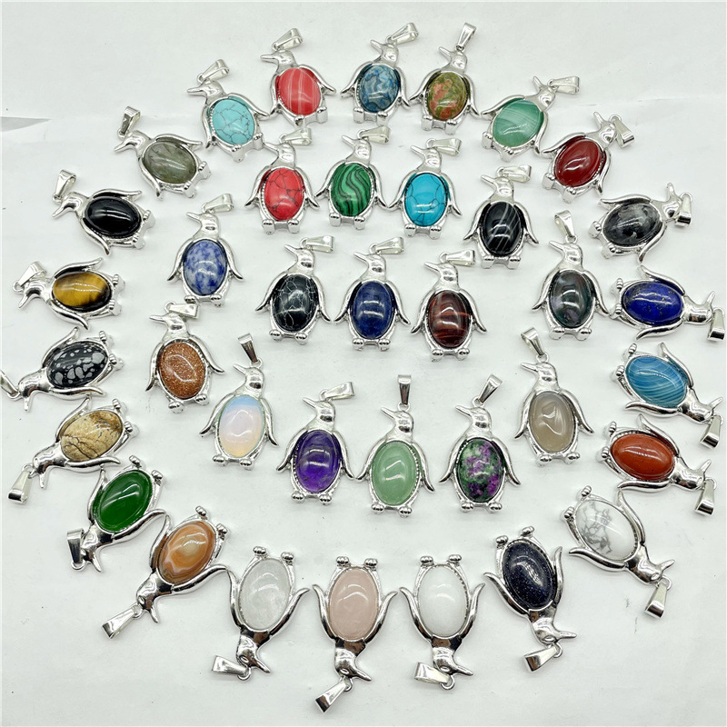 Natural Crystal Stone Penguin Pendant Lapis Amethyst Aventurine Rose Quartz Agate Charms Diy Necklaces Accessories