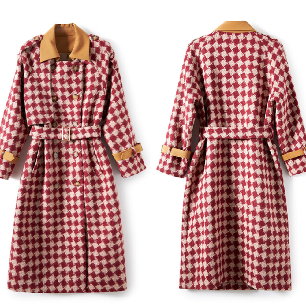 DE-41N358 Autumn and Winter Women's Coat Dress Classic Plaid Thickened Coat Vintage Woolen Fake Two Piece Set