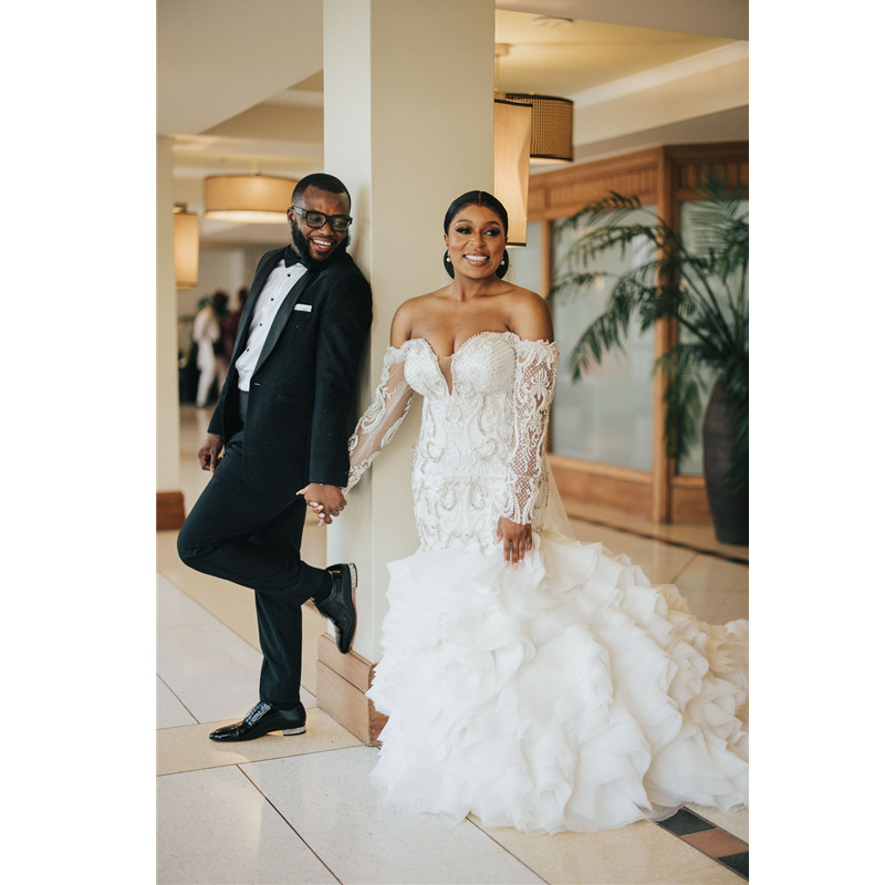 African Plus Size Beaded Mermaid Wedding Dresses 2023 Sheer Neck Long Sleeve Trumpet Fishtail Beach Aso Ebi Bridal Gowns 6660312