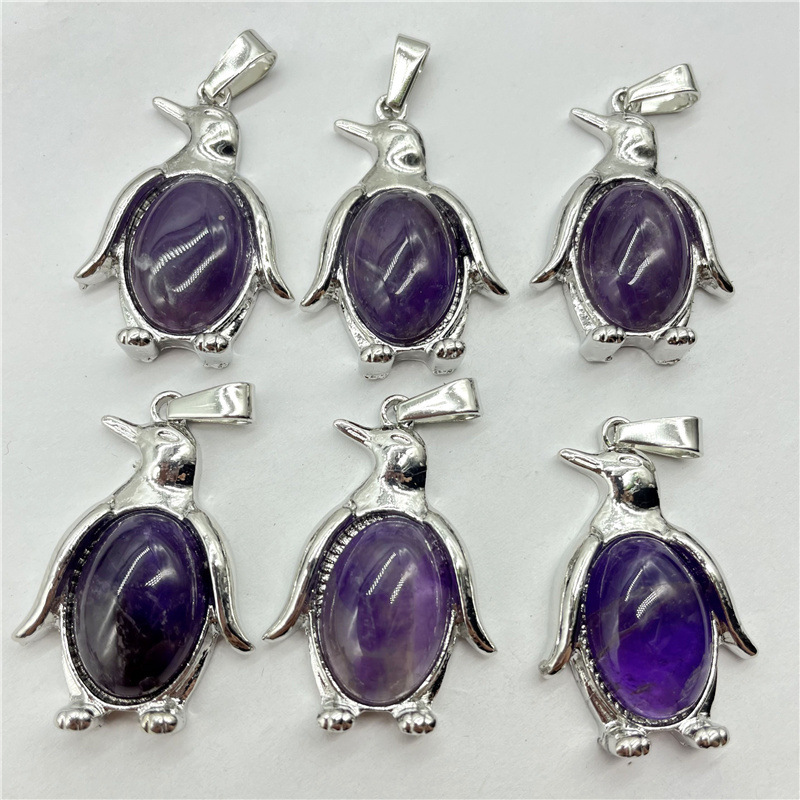 Natural Crystal Stone Penguin Pendant Lapis Amethyst Aventurine Rose Quartz Agate Charms Diy Necklaces Accessories