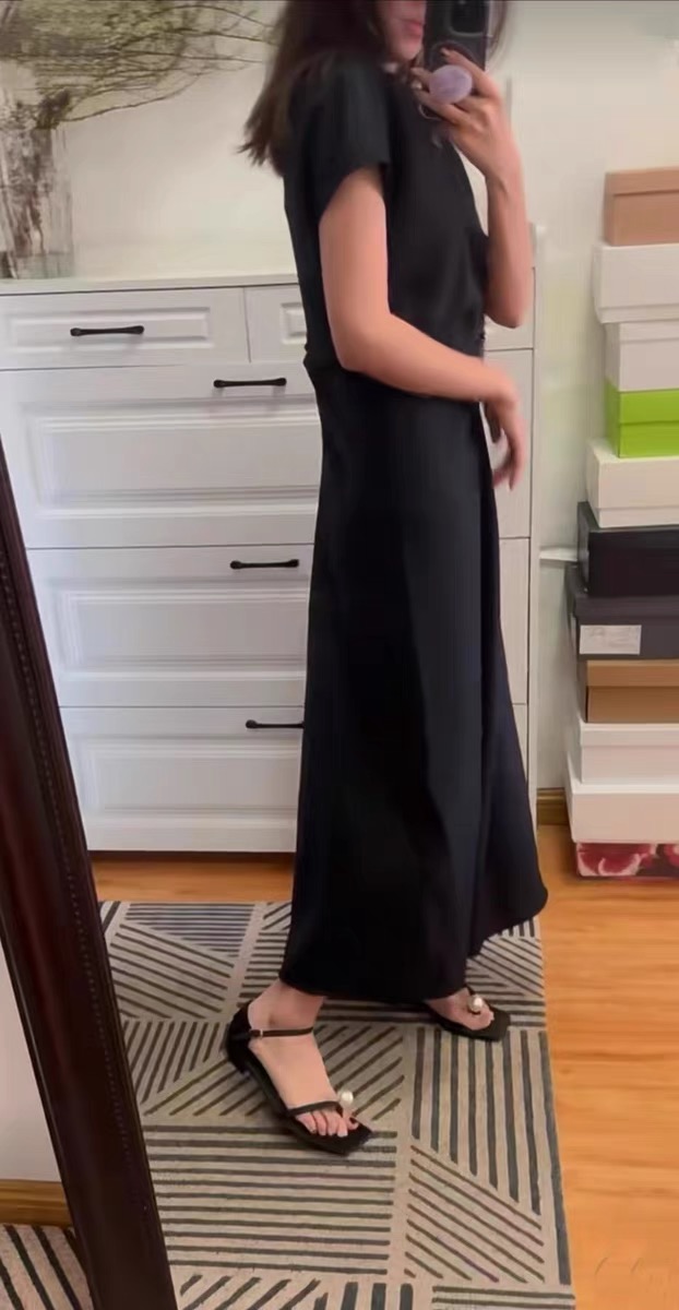 Women Summer Autumn tt Round Neck Short Sleeves Slouch Waist Midi Dress
