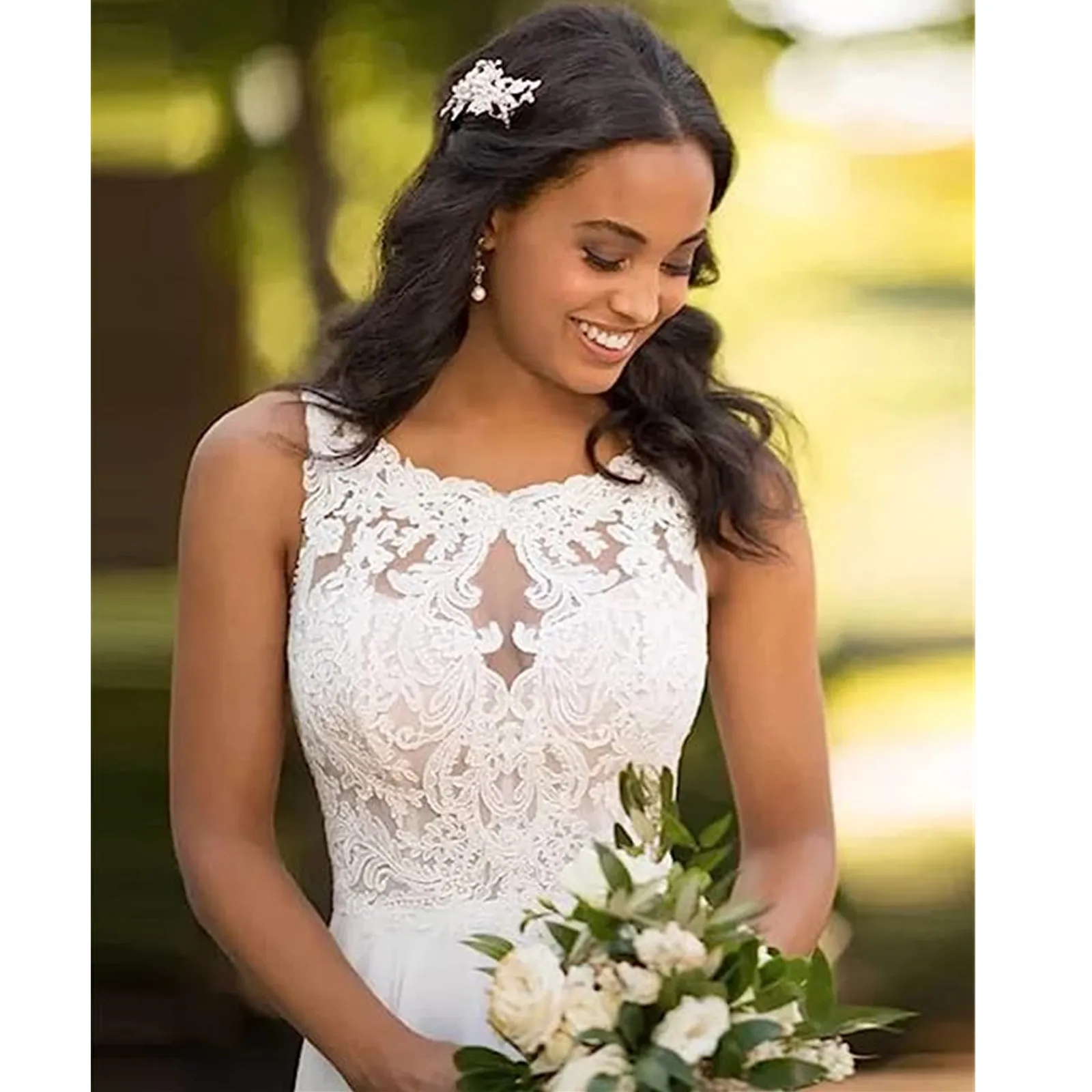 Beach Chiffon Wedding Dress Appliques Simple Dress A-Line Slit Side Vestido De Novia Playa Bridal Gown Lace Up Back Wedding