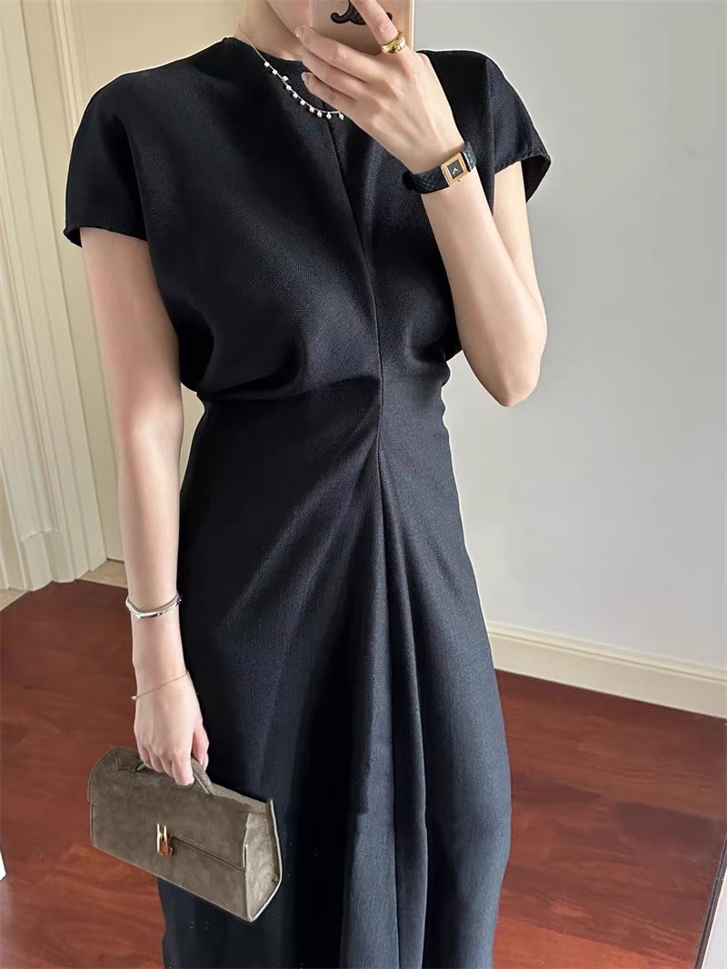 Women Summer Autumn tt Round Neck Short Sleeves Slouch Waist Midi Dress