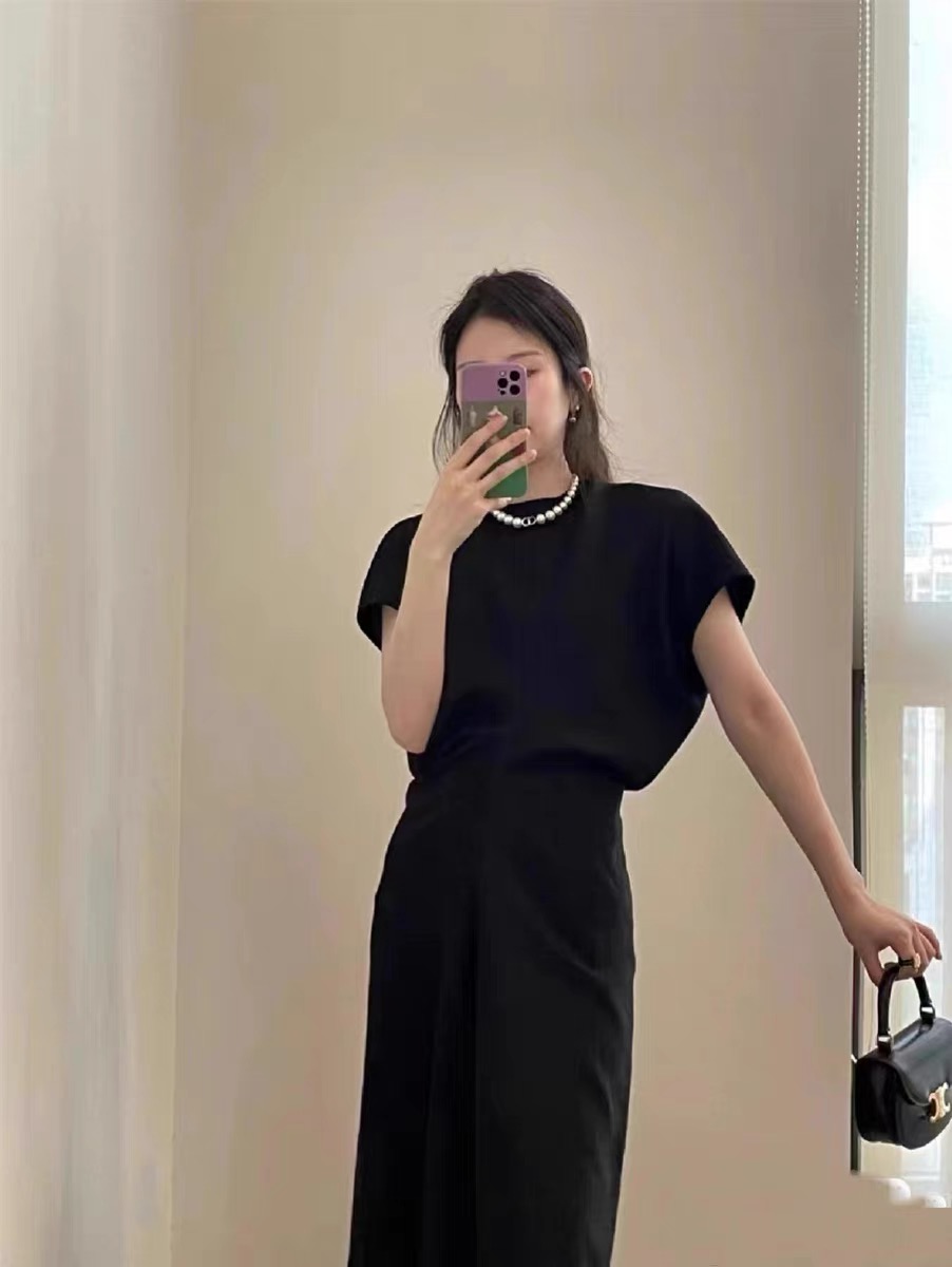 Women Summer Autumn tt Round Neck Short Sleeves Slouch Waist Midi Dress