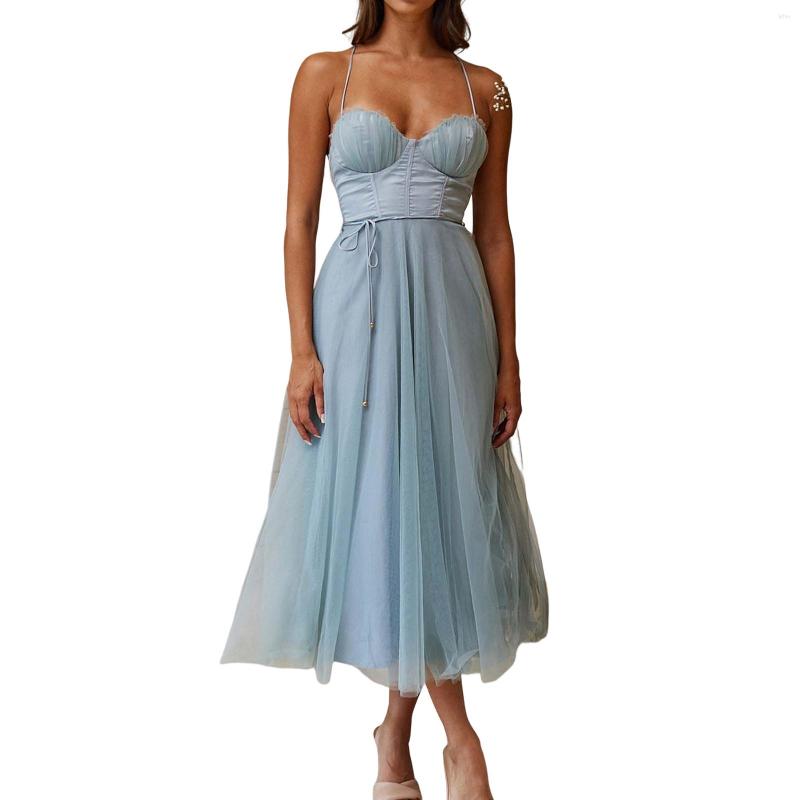 Casual Dresses Ladies Sling Dress Summer Mesh Women Cocktail Party Sleeveless Backless Solid Color Fashion Lace Up Female Vestidos