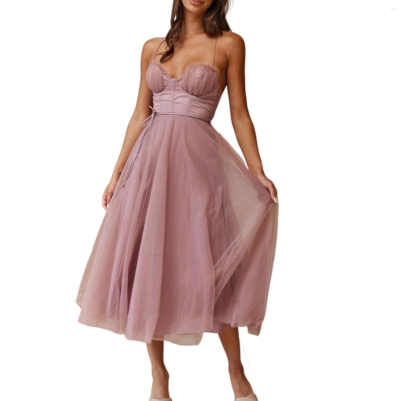 Casual Dresses Ladies Sling Dress Summer Mesh Women Cocktail Party Sleeveless Backless Solid Color Fashion Lace Up Female Vestidos