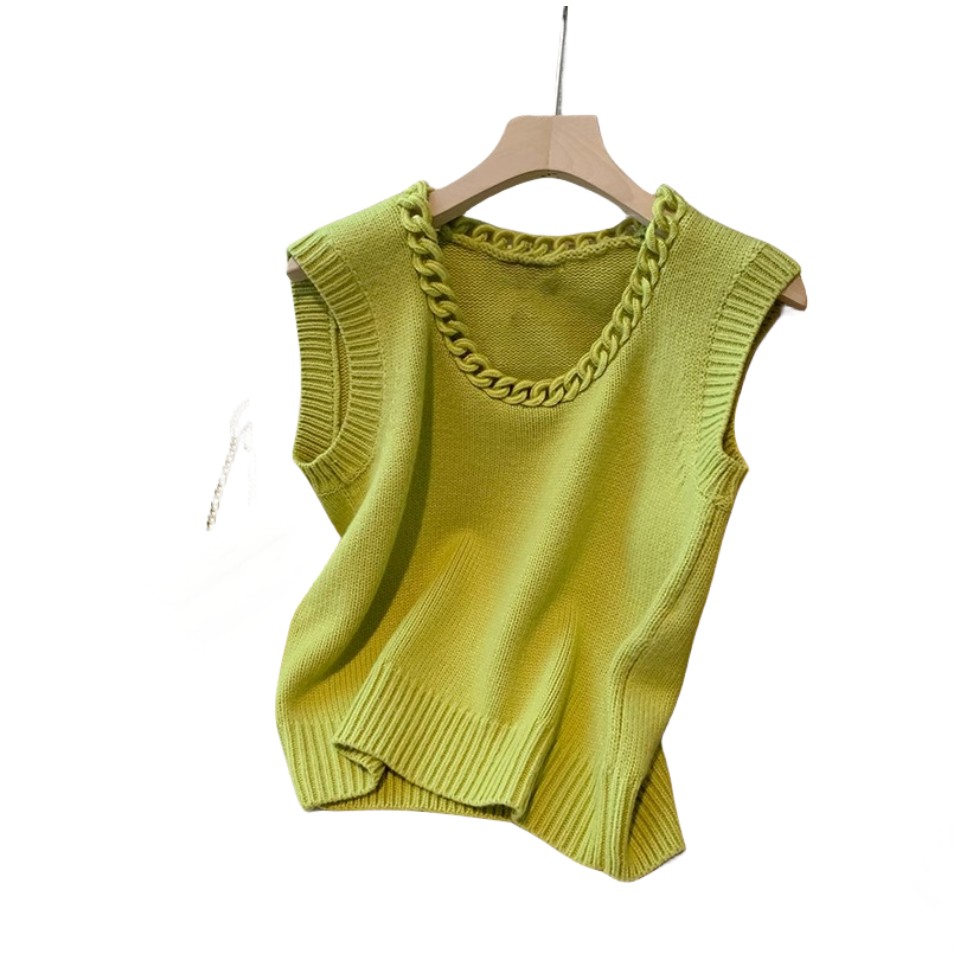 New design womens o-neck chain patchwork knitted green color vest tanks camis SML