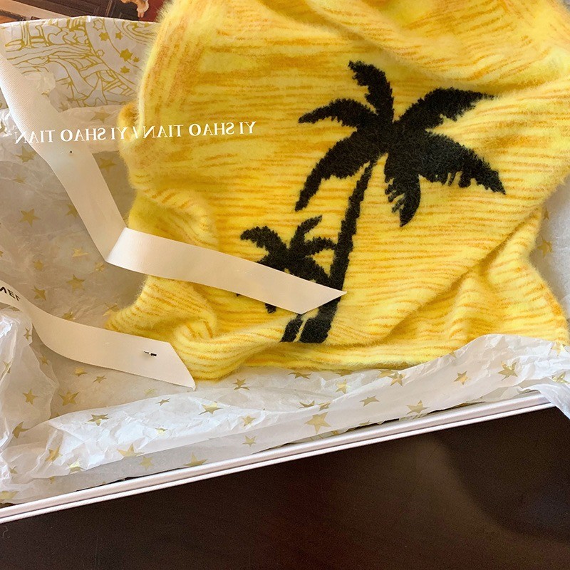 New design womens halter neck yellow color coconut tree print knitted sexy beach summer tanks camis vest SMLXL