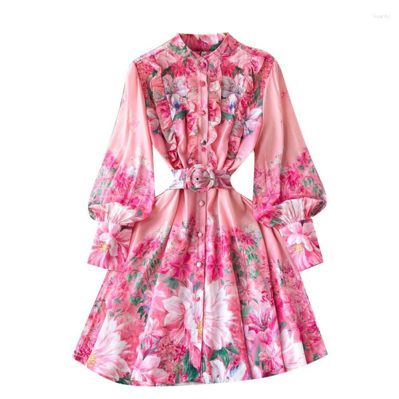 Casual Dresses Women Dress Elegant Spring Autumn Fashion Retro Lantern Sleeve Printed Long Single Breasted With Belt