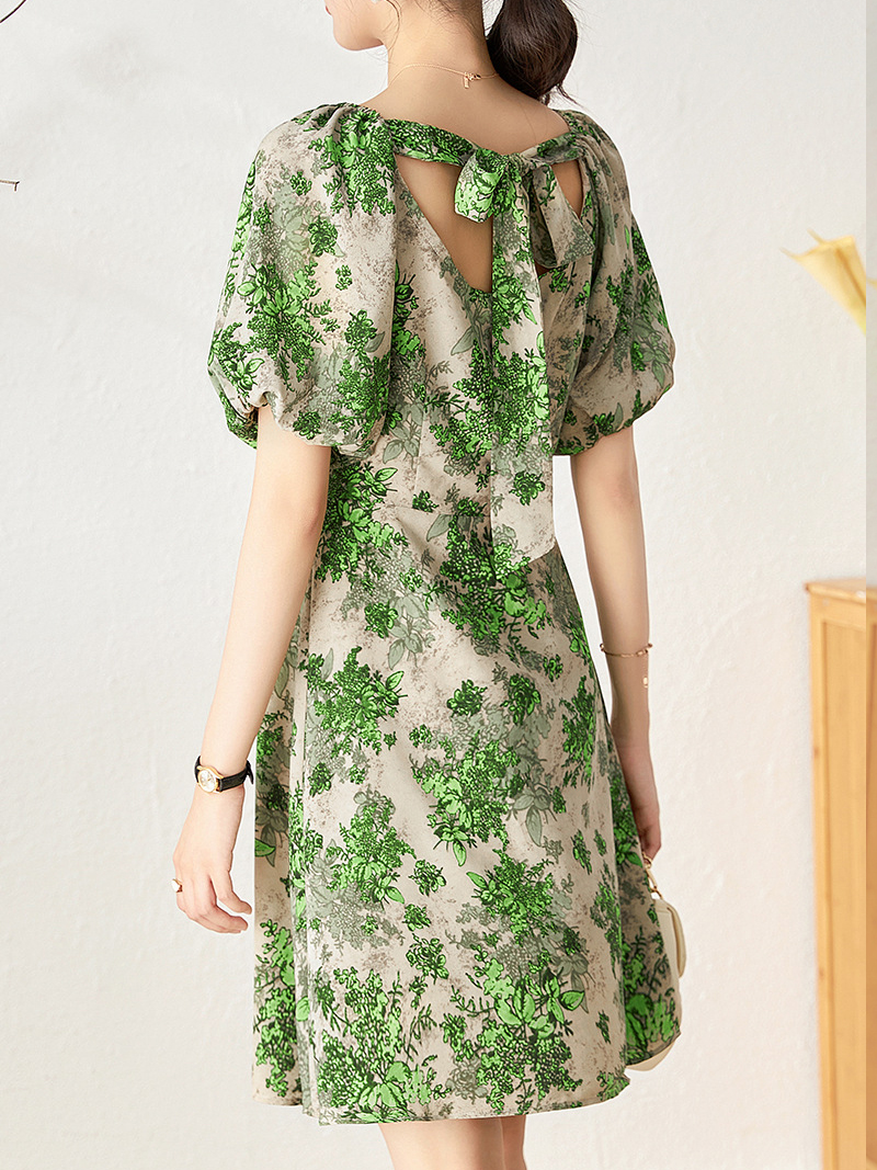 0C580M09# EVEOVNI Women's Summer Dress High Quality Sweet Girl V-Neck Bubble Sleeve Floral Skirt Bow Knot